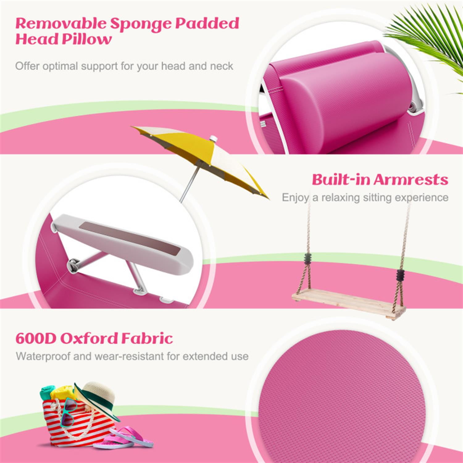 Demi Bonn Foldable Backpack Beach Chair with Cup Holder and Storage Pockets for Outdoor, Patio Accent Furniture Lounge Chairs for Yard, Garden, Pink