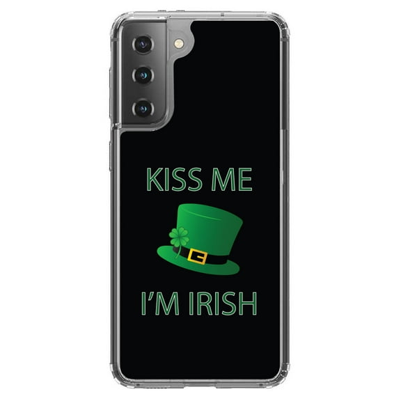 DistinctInk Clear Shockproof Hybrid Case for Galaxy S21  PLUS 5G (6.7" Screen) - TPU Bumper, Acrylic Back, Tempered Glass Screen Protector - Black Green Kiss Me I'm Irish