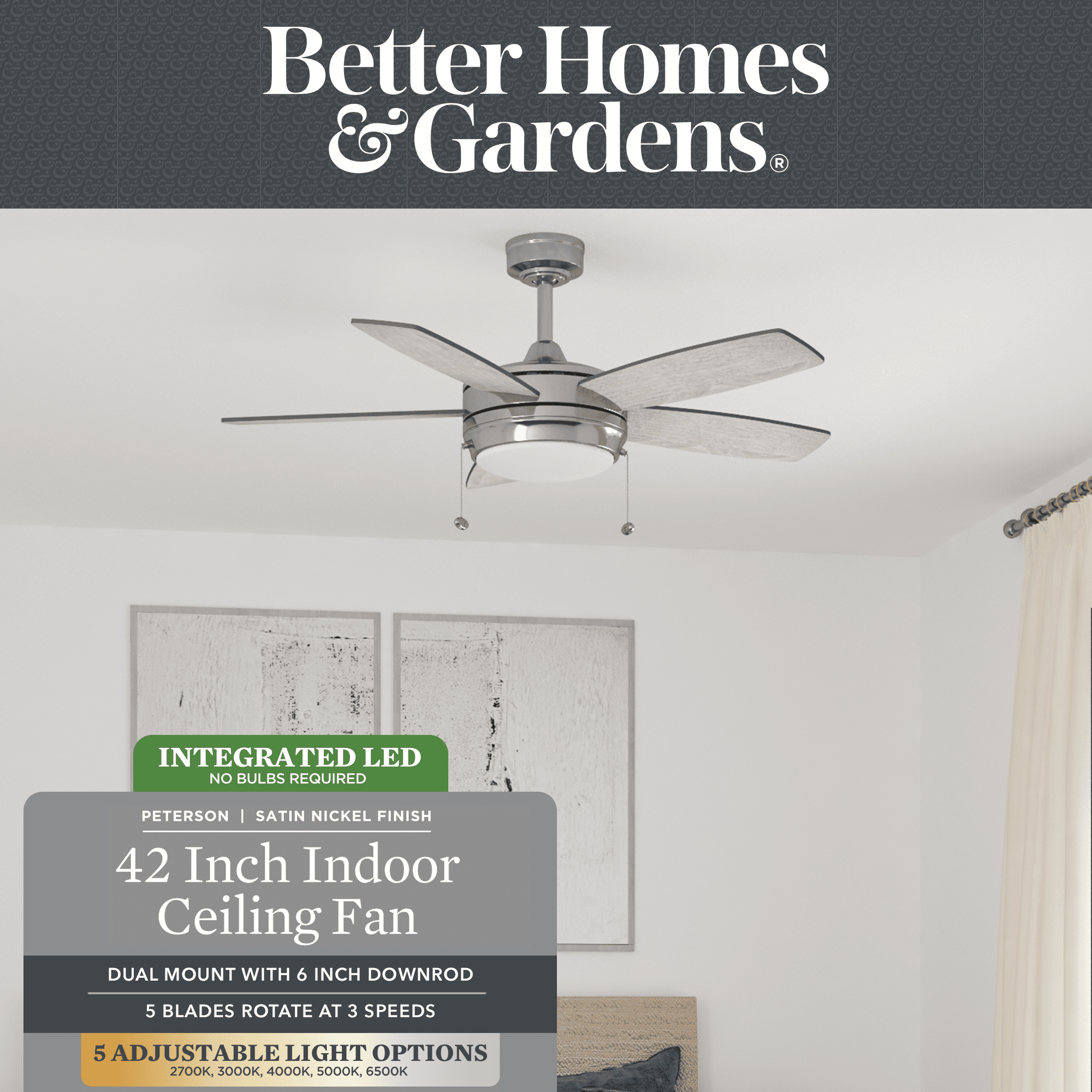 Better Homes & Gardens 42" Peterson Modern Nickel Indoor Ceiling Fan with Light, Pull Chains & Reverse Airflow