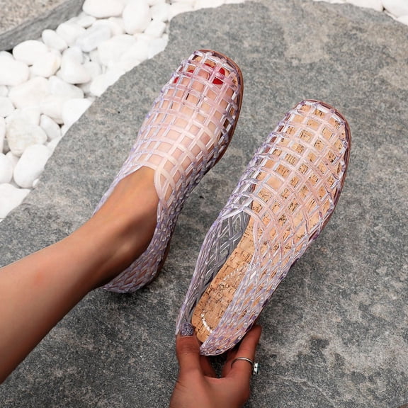 EliteGoogv Womens Mesh Ballet Flats Hollow Jelly Slip On Shoes For Women Clear Low Heel Summer Footwear White US:6