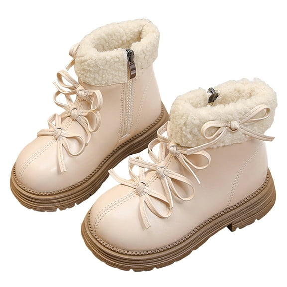 Dakaela Kids Cute Boots Girls Bow Ankle Combat Booties Fleece Lined Toddler Winter Snow Dress Shoes Beige