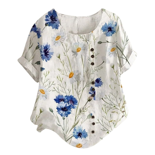 Mujer Botones O-cuello Manga corta Estampado floral Botones Algodón Lino Vintage Top Pompotops hkajfhjk464269