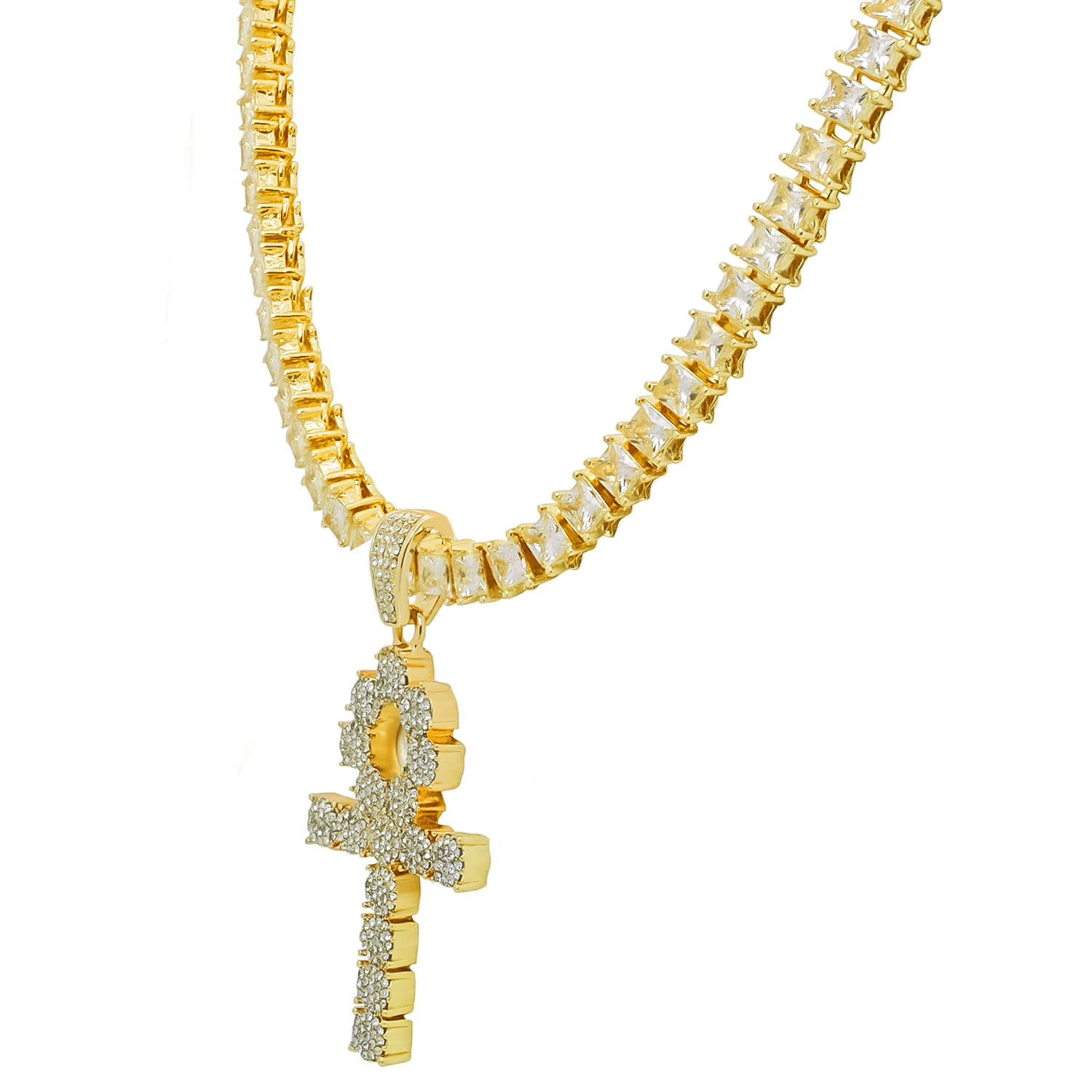 Yellow Gold-Tone Iced Out Hip Hop Bling Symbol Of Life Ankh Cross Pendant 1 Row Square Cubic Zirconia Princess Cut Stones Tennis Chain 18 Necklace Choker Chain