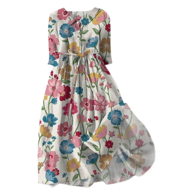 Pisexur Robe d'Automne pour Femmes 2024 Mode Imprimé Floral Robe de Retour à la Maison Manches Courtes Col Rabattu Robe Maxi Décontractée Fluide Col en V Boutonnée Tunique à Cordon Robe de Vacances Grande Taille P-4TG
