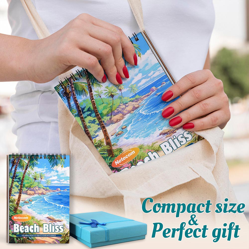 Beach Bliss Coloring Book Spiral Bound For Adults, A5 Wooden Cover, 30 Dreamy Coloring Pages in Idyllic Beach and Seaside Landscapes for Stress Relief and Relaxation