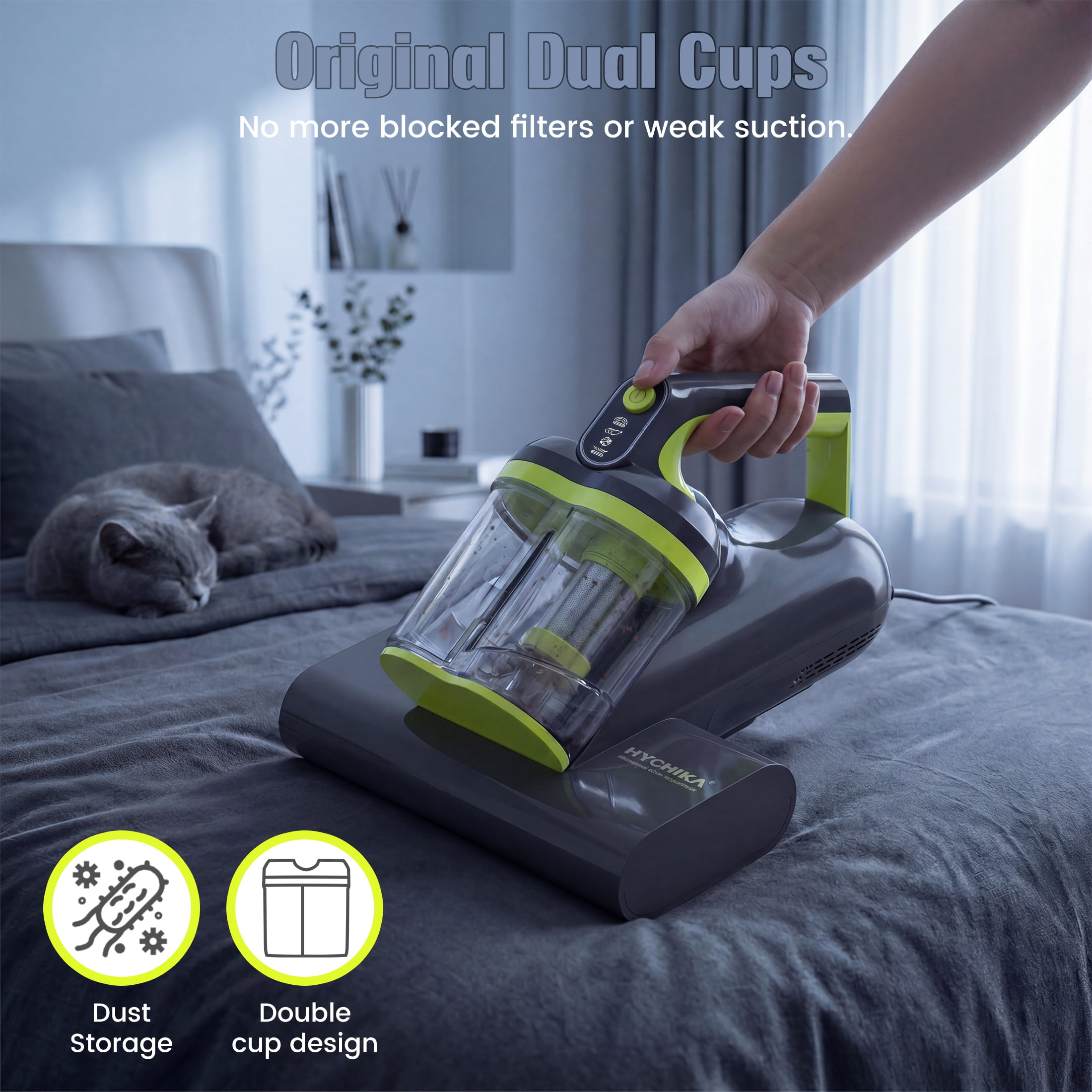 HYCHIKA Mattress Vacuum Cleaner with 16kPa Suction & 36000 Cpm, 273nm UV-C Light, 149℉ Heat & Ultrasonic for Pet Hair & Debris on Bed, Sofa, Carpet