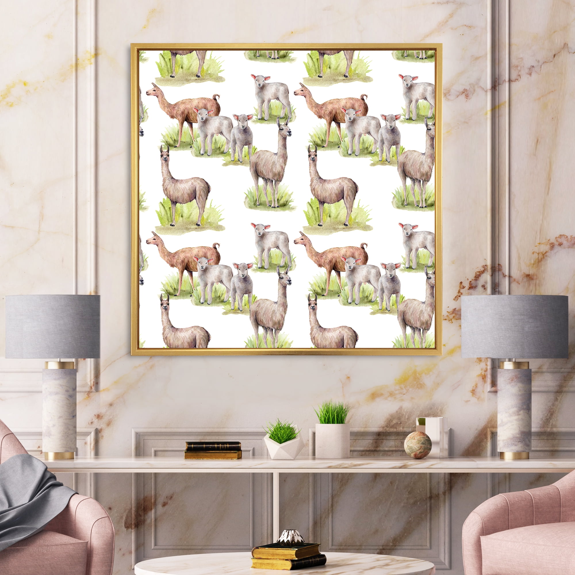 Designart 'Lambs and Lamas On A Green Meadow' Farmhouse Framed Canvas Wall Art Print