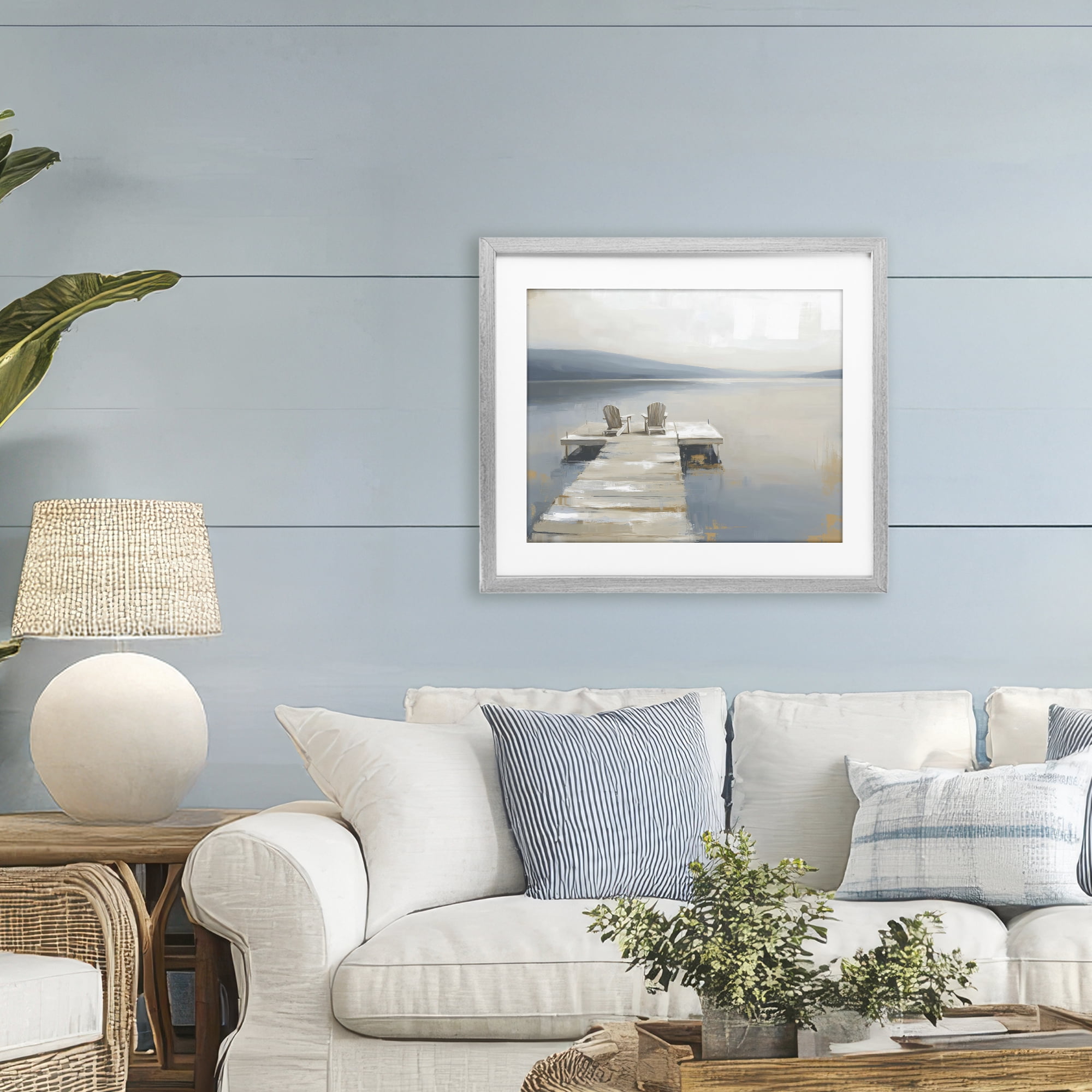 Stupell Industries Adirondack Chairs on Pier Gray Framed Print Under Glass, design by Kim Curinga