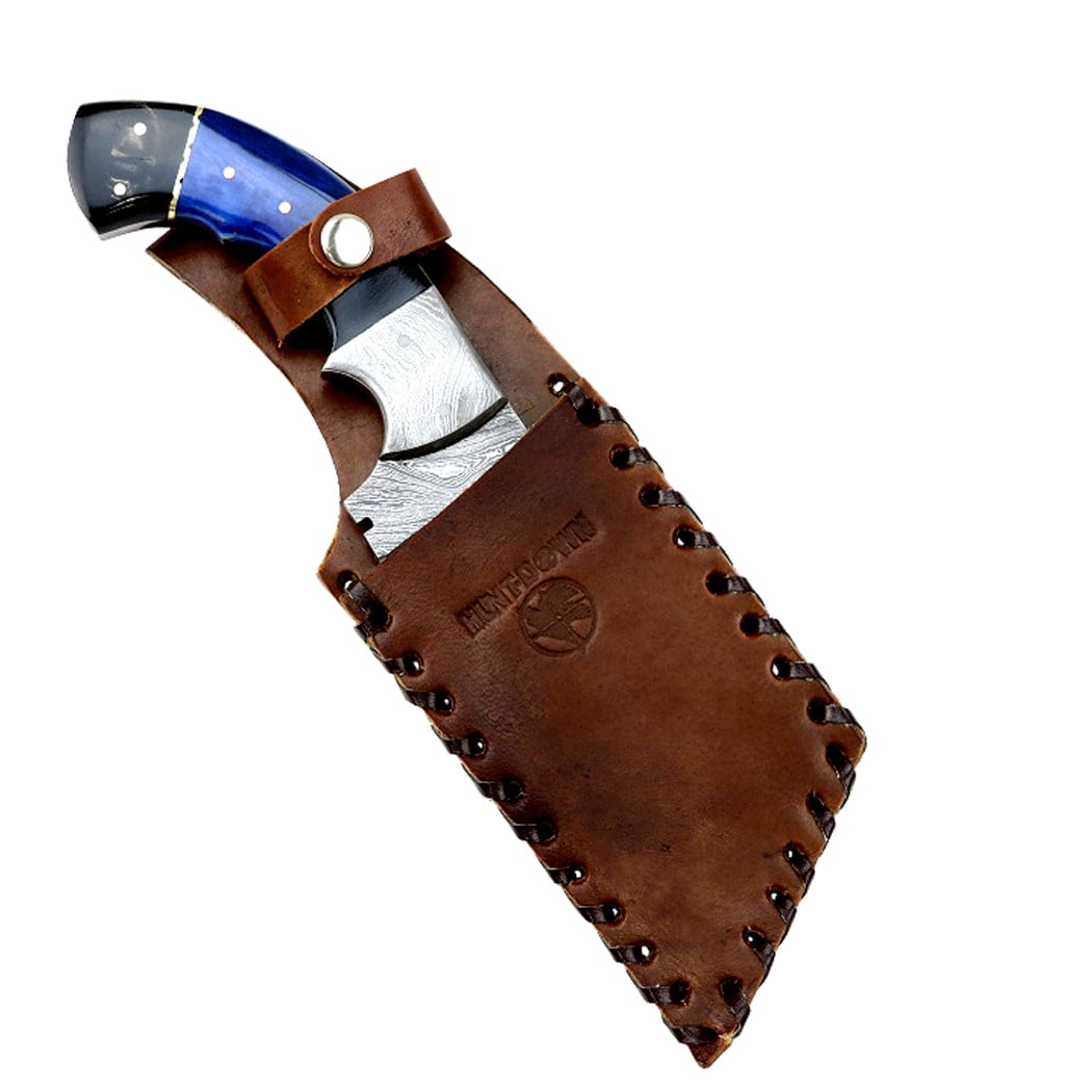 Hunt-Down 9.5' Damascus Blade Black & Blue Horn Handle Hunting Knife with Sheath