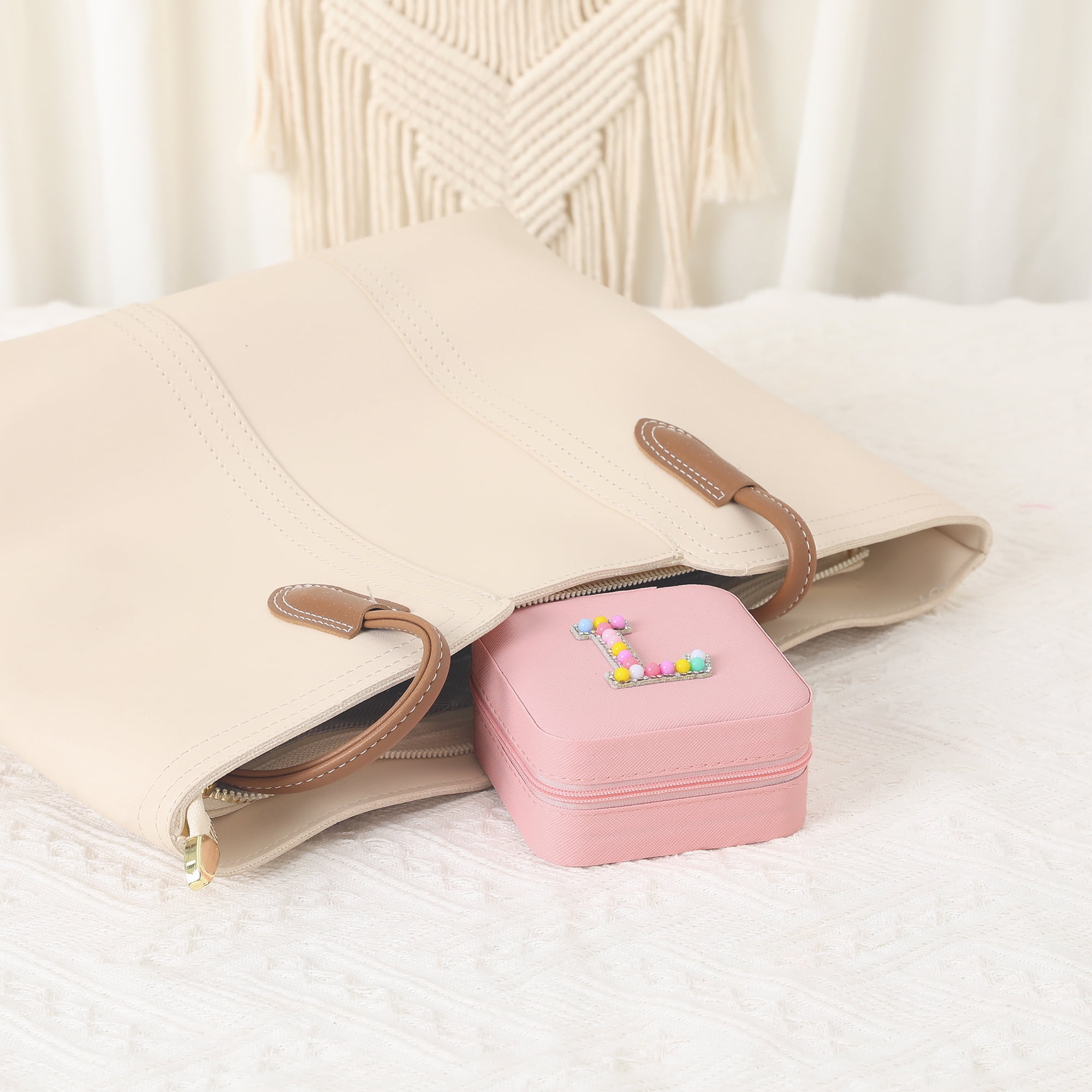 Unique Bargains Mini PU Leather Jewelry Box with Mirror Pink Letter L