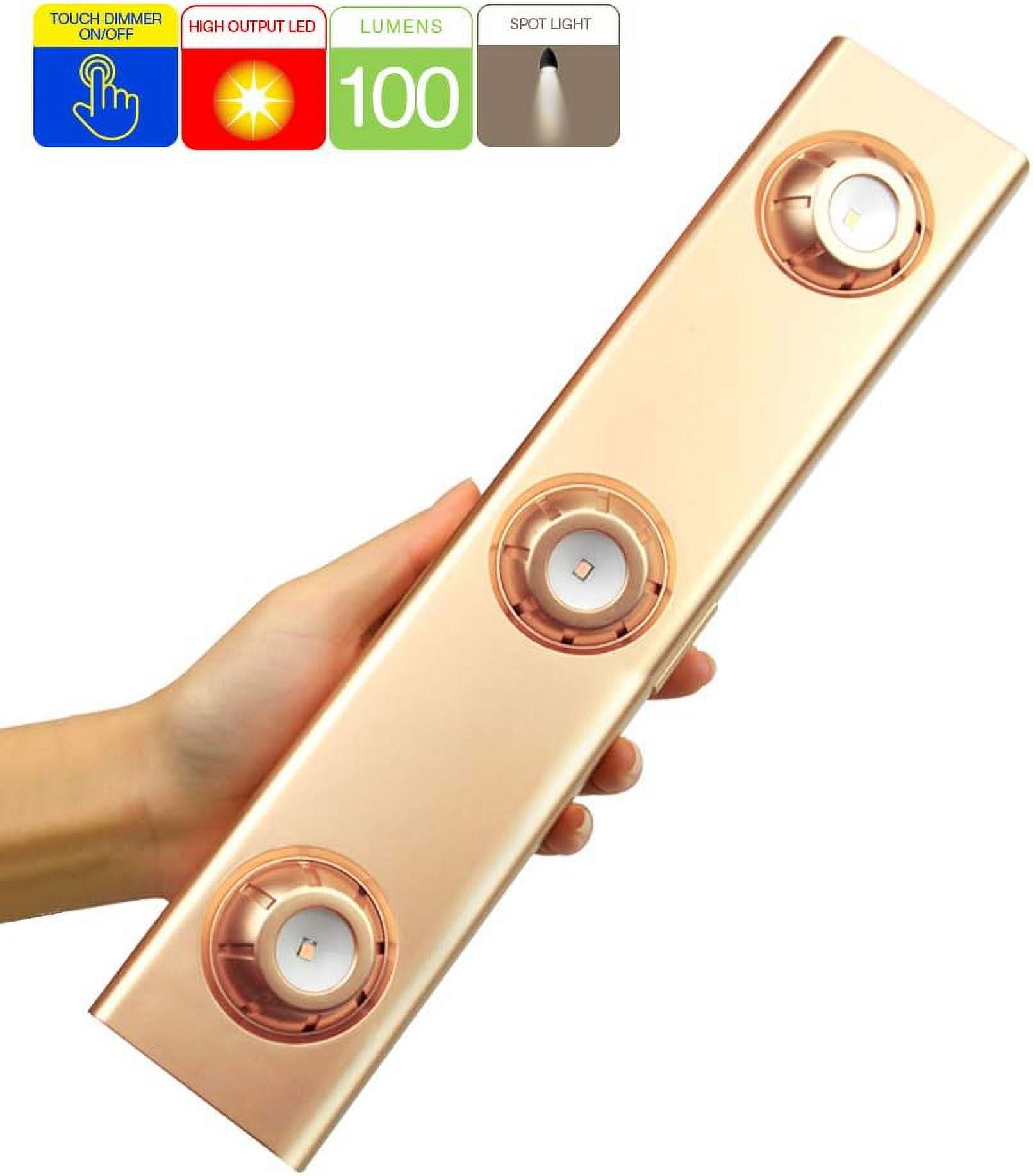 JJEAN-Wireless Under Cabinet Light, Battery Operated Tap Light, Closet Light, Shelf Lights with Button Control, Rotatable 3 Heads Spotlight, Dimmable Accent Lighting