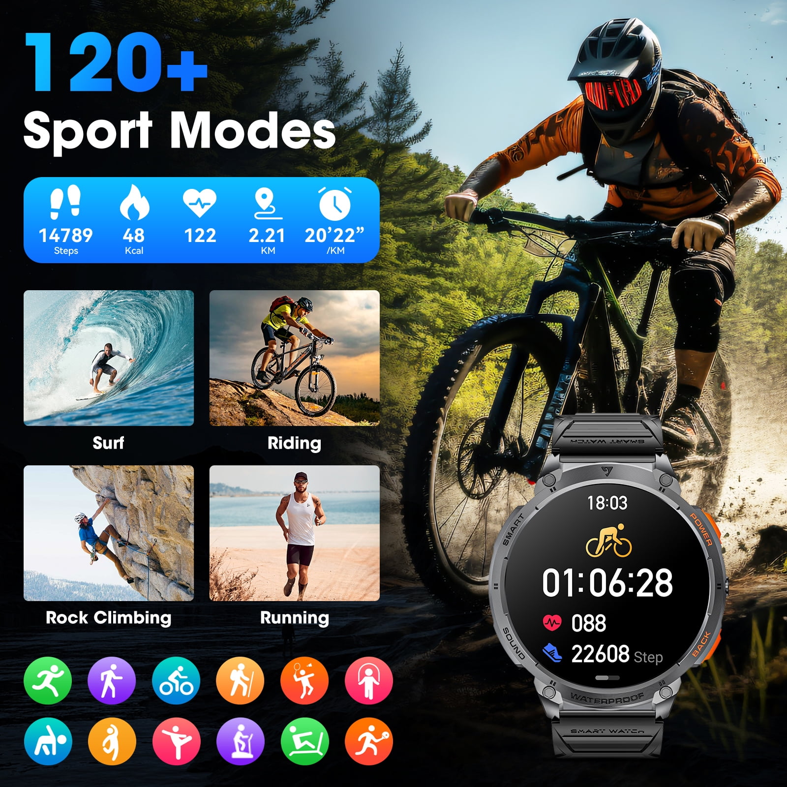 Mingdaln Military Smart Watch for Men, 55MM AMOLED Display，with 110+Sports Modes/IP68 waterproof，fits for Android and iPhone Devices (Black)