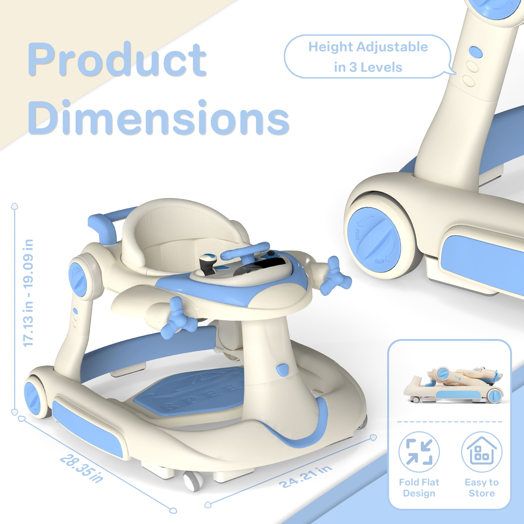 AILEEKISS 5-in-1 Musical Baby Walker with Wheels, Foldable Baby Walker for Boys Girls, Blue