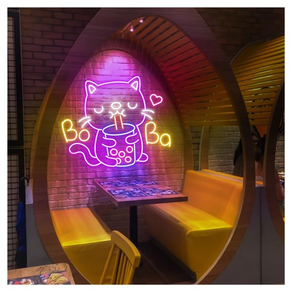 Letrero De Neón De Gato De Boba Tea Shop, Ideal Para Decorar La Pared Del Mostrador De Una Cafetería, Con Luz Regulable, 47cmx55cm