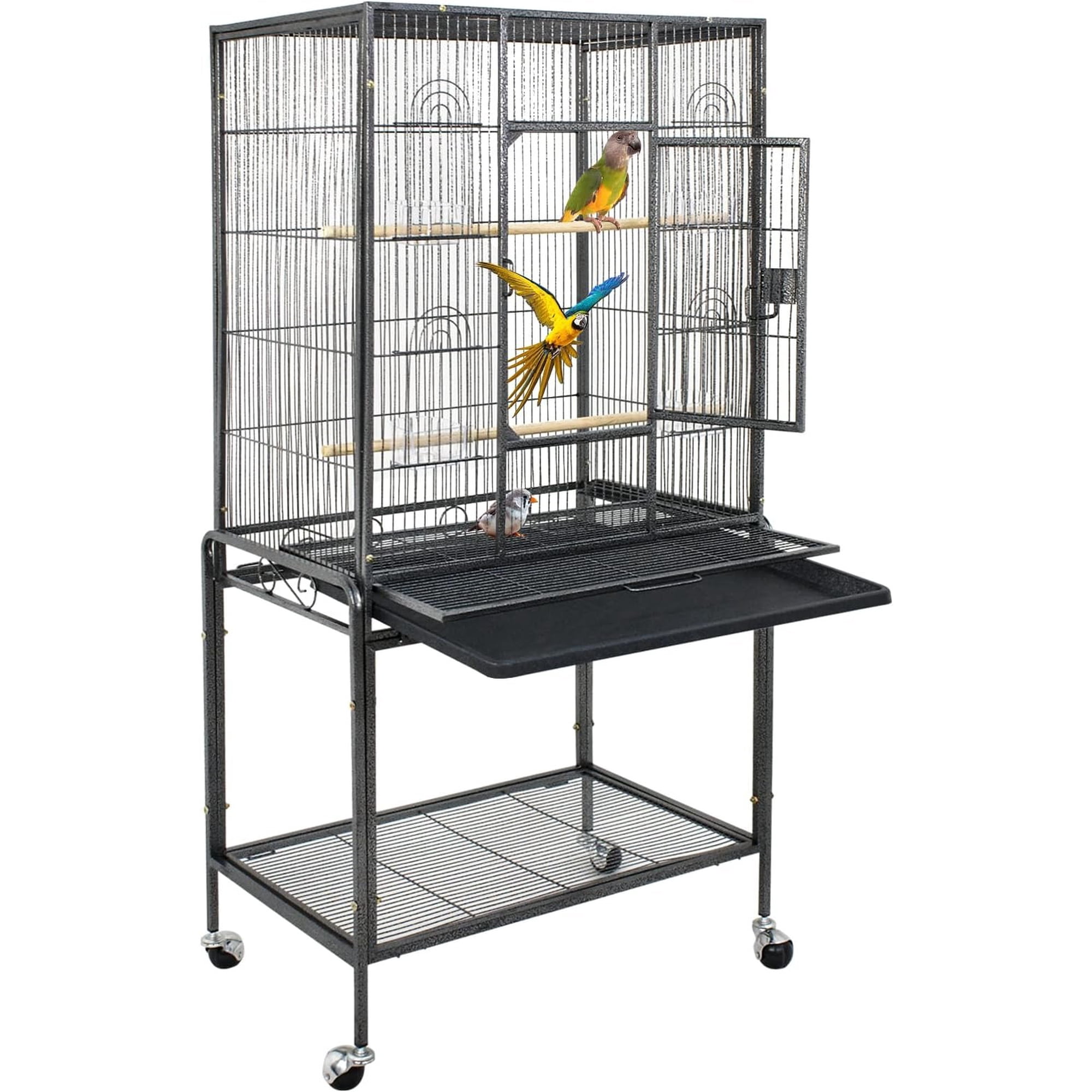 53-Inch Parakeet Bird Cage, Wrought Iron Large Parrot Flight Birdcage | with Rolling Stand, Perches, Slide-Out Tray and Plastic Feeders, Casters,Bird Cage for Cockatiels Canary Finch