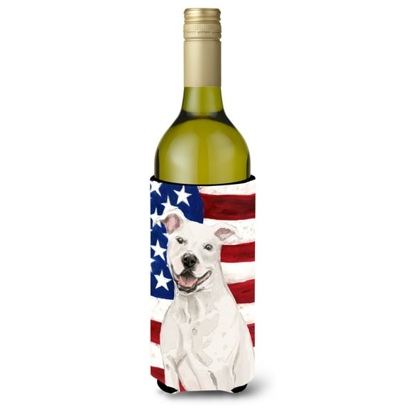 Carolines Treasures BB9361LITERK White Staffie Bull Terrier Patriotic Wine Bottle Beverge Insulator Hugger Wine Bottle