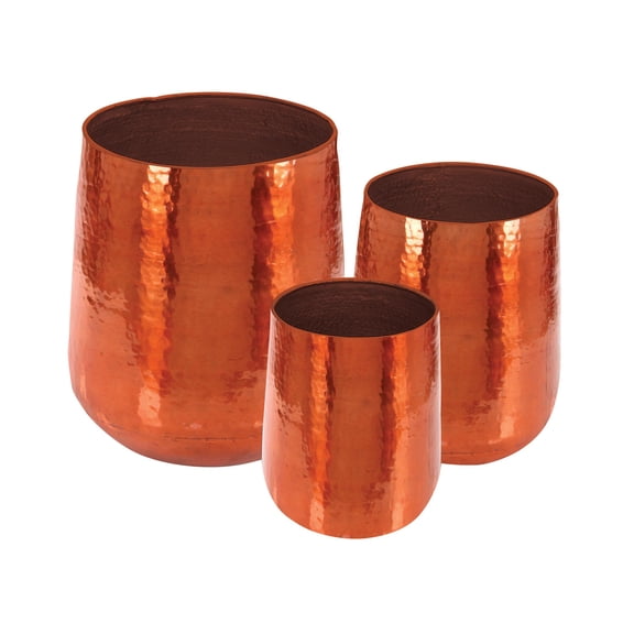DecMode Copper Aluminum Metal Large Hammered Indoor Outdoor Planter, Set of 3 21", 16", 13"H
