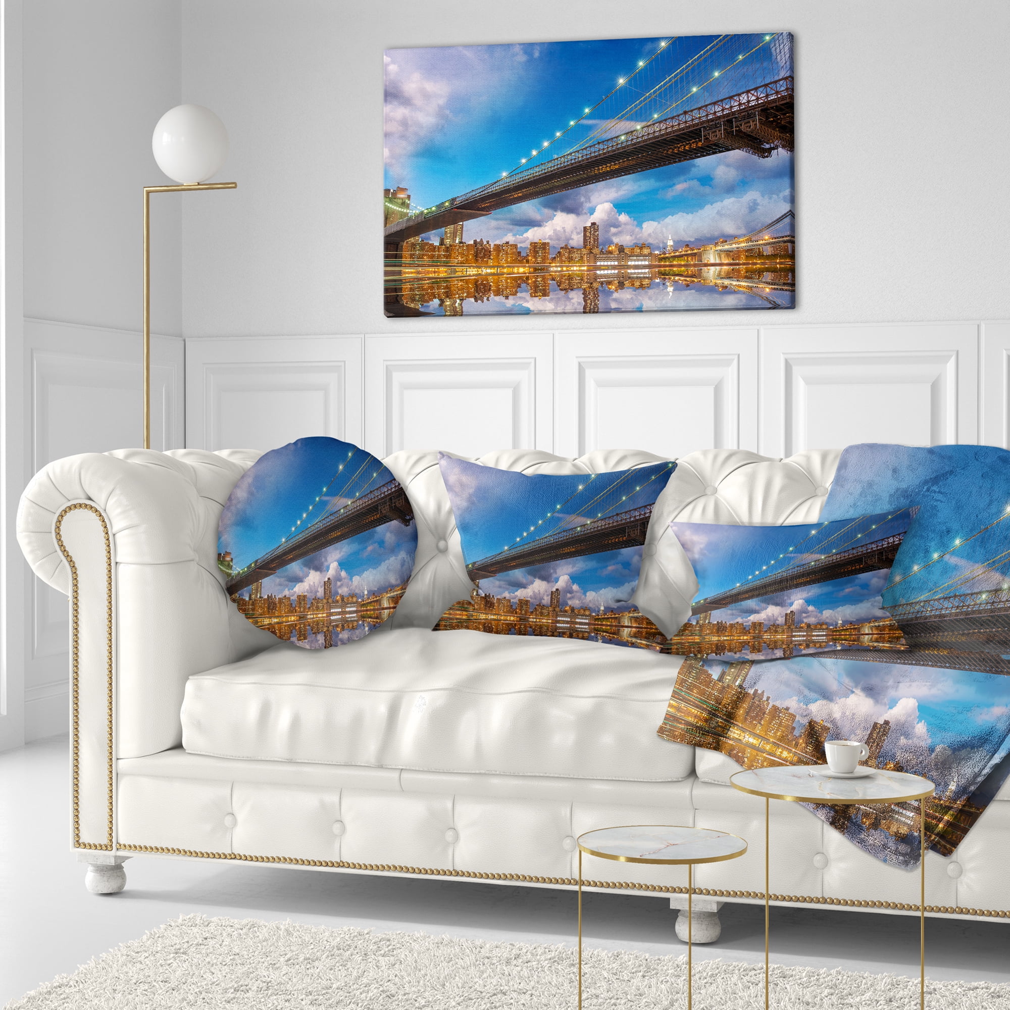 Designart Sunset Over Brooklyn Bridge - Cityscape Photo Throw Pillow - 12x20