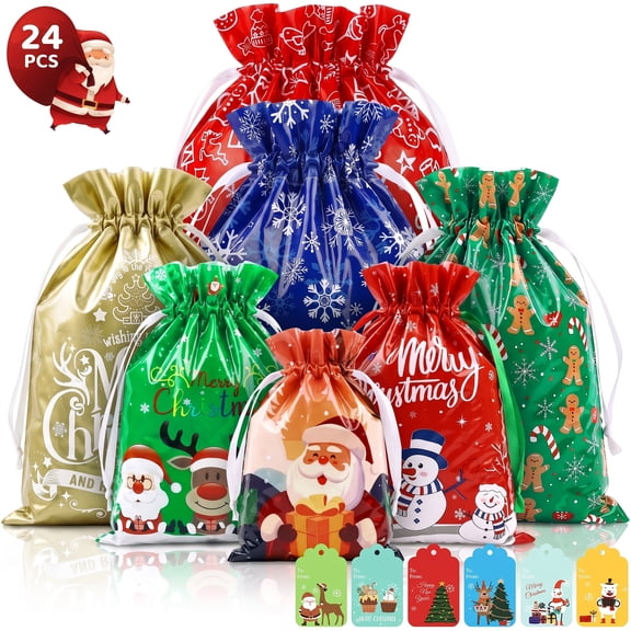 HiberyHom 24 Pcs Christmas Bags, Assorted Size Drawstring Christmas Bags for Gifts Wrapping Party Favors