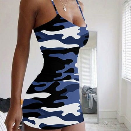 DondPO Sexy Dress Midi Dresses Women Casual Camouflage Print Sexy Tight-fitting Sleeveless Sling Bag Hip Dress Summer Dresses Sundresses for Women Dresses for Women Blue Dress 5XL