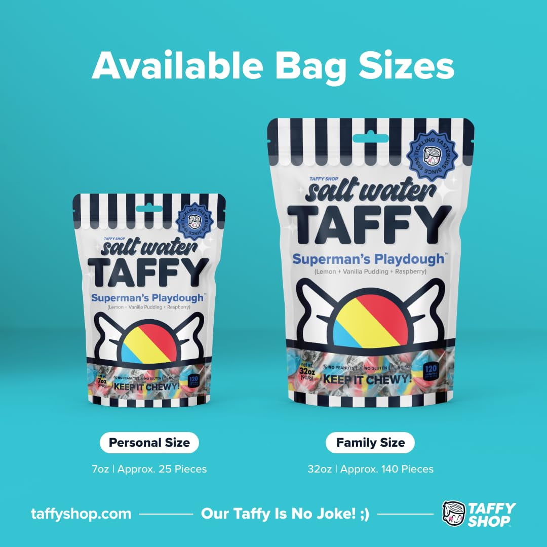 Taffy Shop Superman's Playdough, Lemon Vanilla pudding raspberry Salt Water Taffy – Assorted Gourmet Candy Variety Pack, Bulk Sweet Snack, Fresh & Gluten-Free, 65 Individually Wrapped Pieces (32oz)