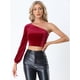 thumbnail image 4 of Tops de terciopelo para mujer Top corto recortado de manga larga con un hombro Vino rojo L, 4 of 5