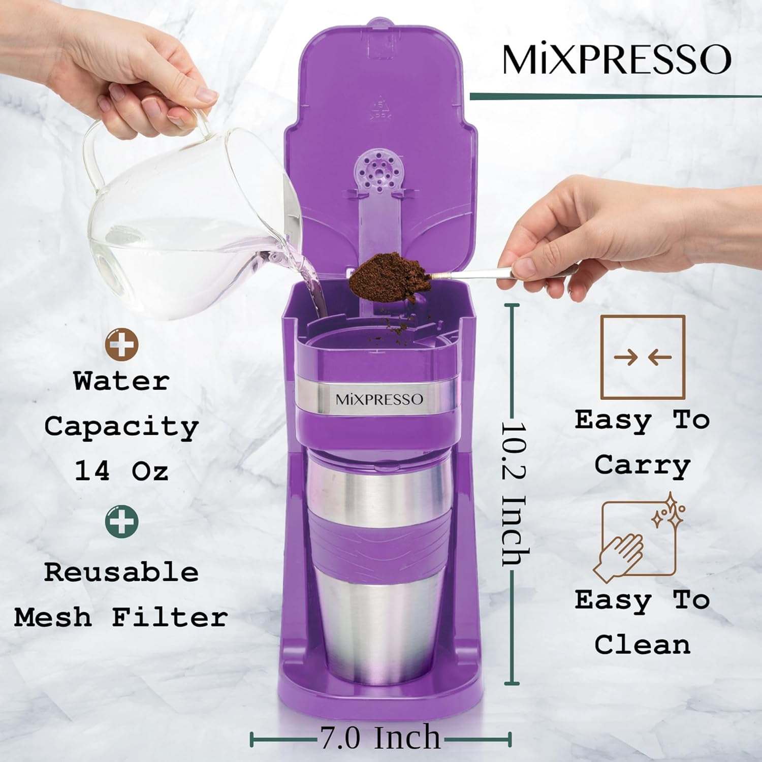 Mixpresso Single Serve Coffee Maker Ground Coffee and 14oz Travel Mug