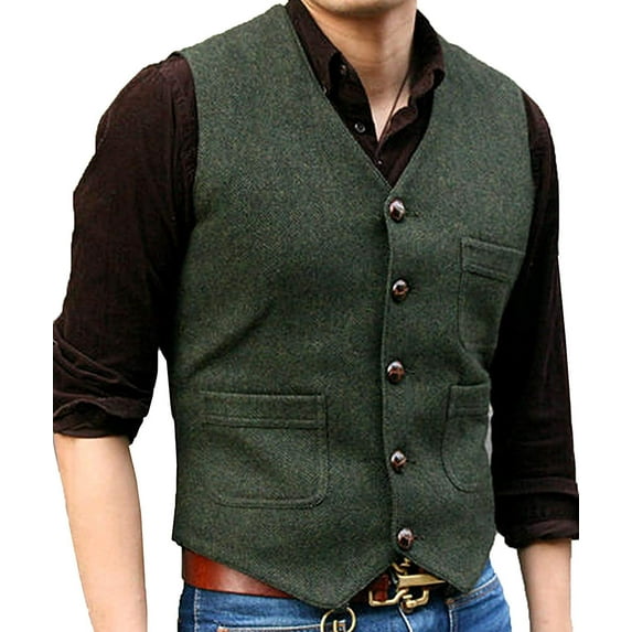 Solovedress Hunting Tweed Waistcoats Mens Herringbone Suit's Vest Wedding Vintage Wool Retro Travel Slim(Army Green,XXXL)