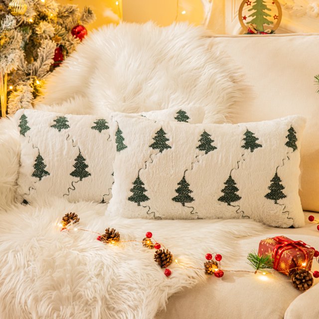 Christmas Tree Embroidered Throw Pillows Set of 2 Packs, Winter Soft Fluffy Christmas Decorative Throw Pillow Covers Decor for Home Sofa Couch Bed Room