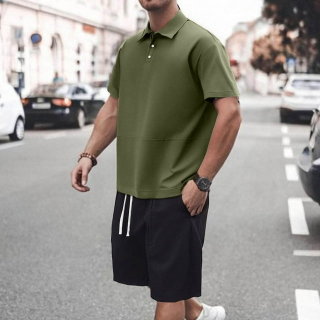 NTACZA Men's Shorts Set Active Shirt Shorts Short Sleeve Tracksuits Elastic Waist Collared Mens Sweatsuits M