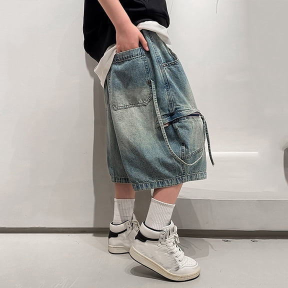 CAIVO Child Stylish Boys Blue Denim Shorts Summer Lightweight Casual Mid Length Jeans Shorts For Boys Youth Summer Wear Breathable Comfort Relaxed Fit Bottoms