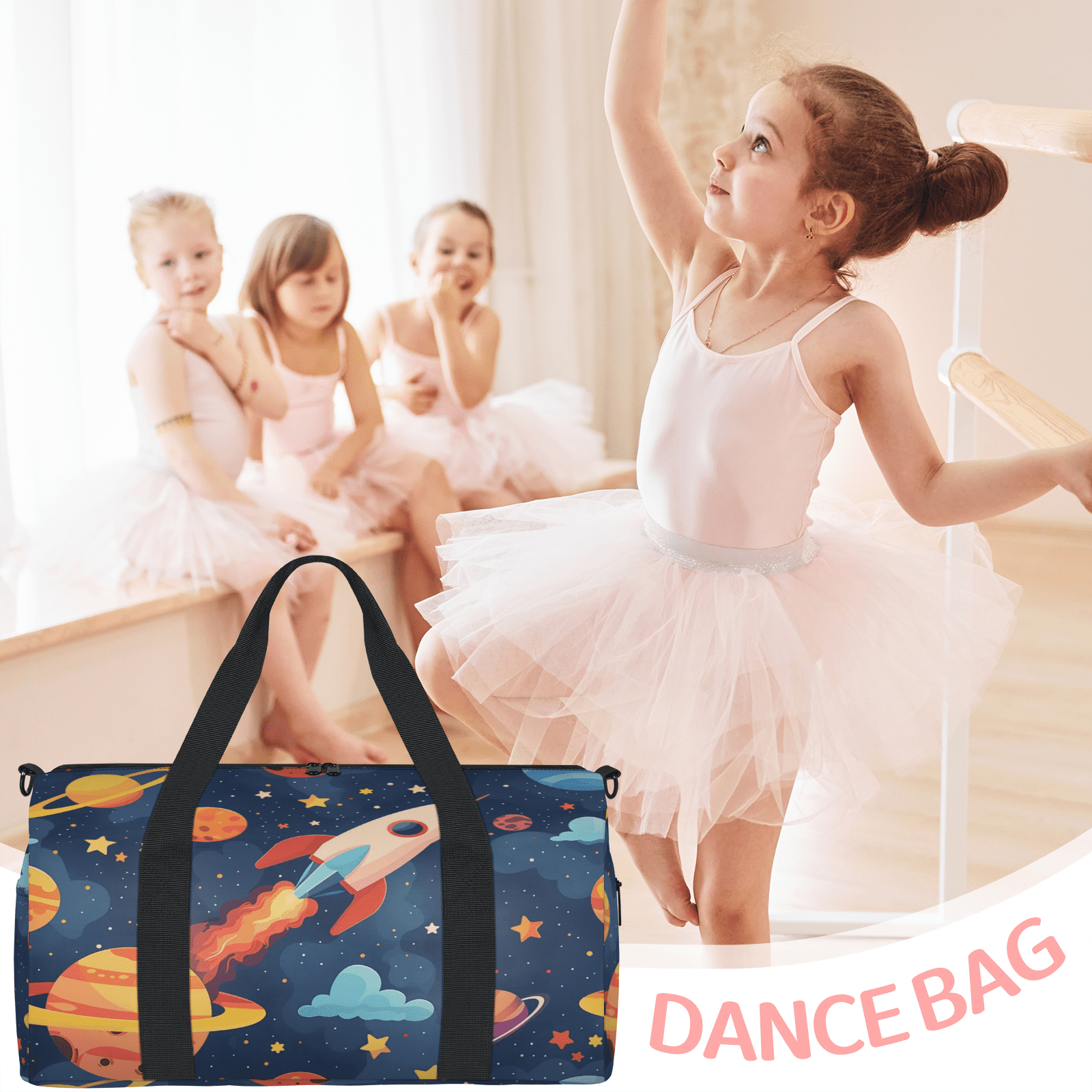 Herdesigns Space Cartoon Planet Travel Duffle Bag Sports Yoga Weekender Overnight Carry on Workout Bags Lightweight Waterproof Gym Tote Bag for Women