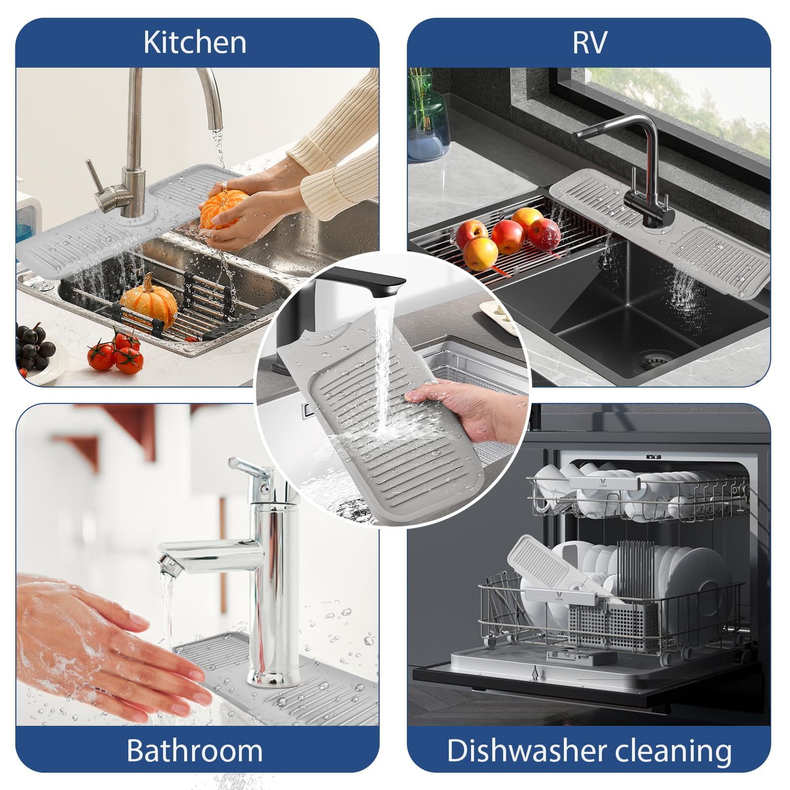 VENMATE 24"x5.5" Silicone Sink Mat, Kitchen Faucet Mat,Light Gray