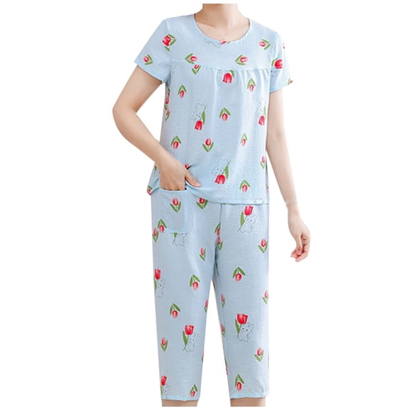 Asxite Pajamas for Women Set Solid Print Short Sleeve Crew Neck Top with Capris Length Pants Loungewear 2 Piece