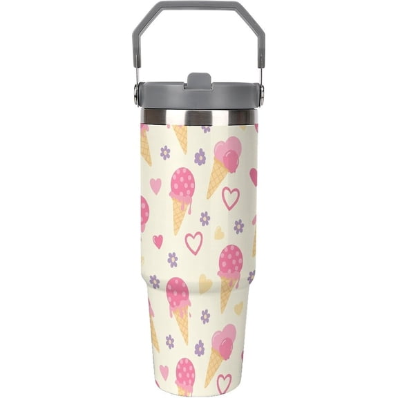 30oz Tumbler With Handle And Straw,Ice Cream Hearts Flowers Dots Stainless Steel Tumblers,Insulated Water Bottle,Leak Proof,Gifts for Women Men,For Coffee,GYM,Travel