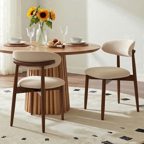 COLAMY NOYA Farmhouse Dining Chair Set of 2, Mid-Century Kitchen Wood Chairs with Backrest and Armrest, Modern Upholestered Dining Chair for Dining Room & Kitchen, Beige