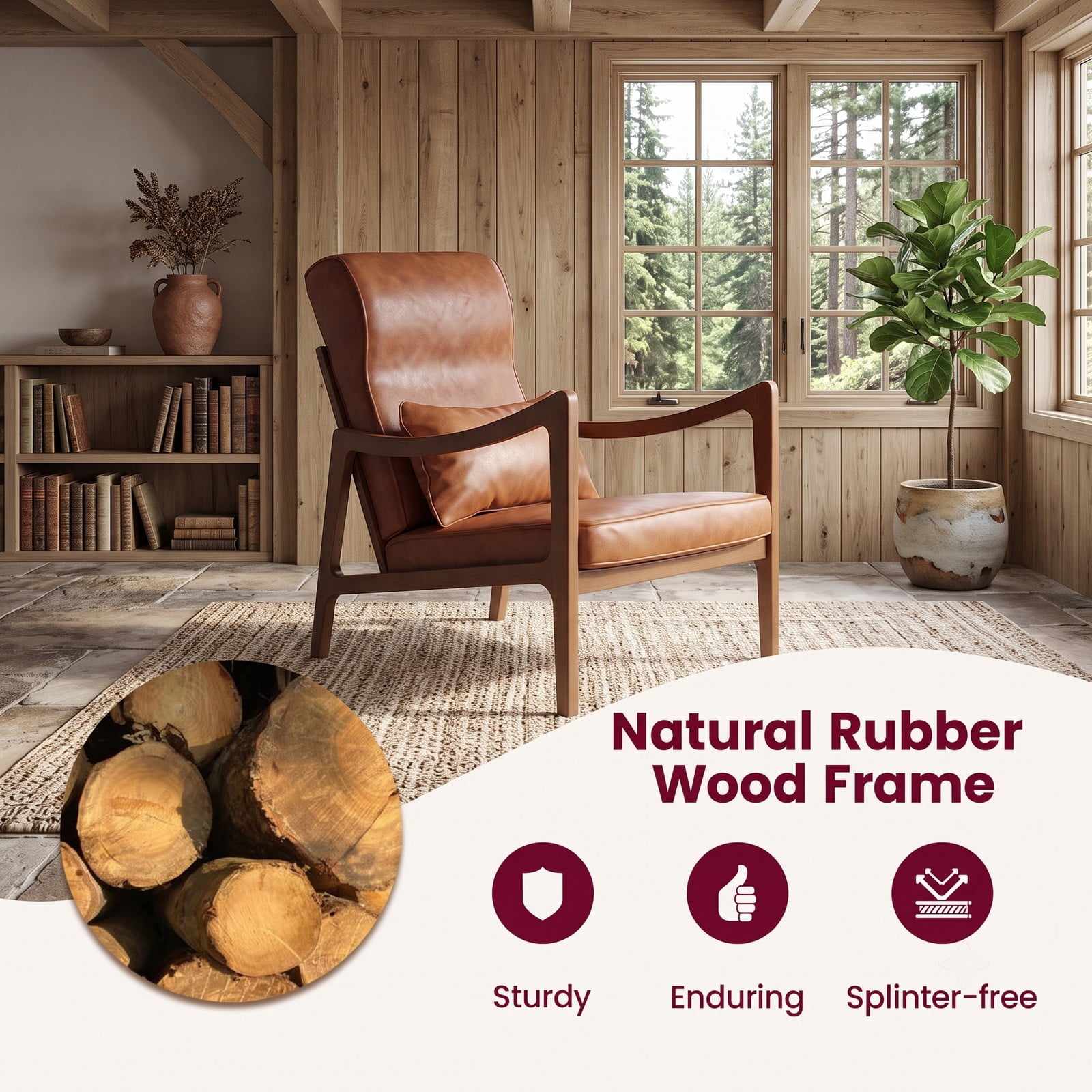 Furnibear Modern Accent Chair, Rubber Wood Faux Leather Upholstered Armchair with Removable Back Seat Cushion & Lumbar Pillow, Padded Living Room Reading Side, Brown
