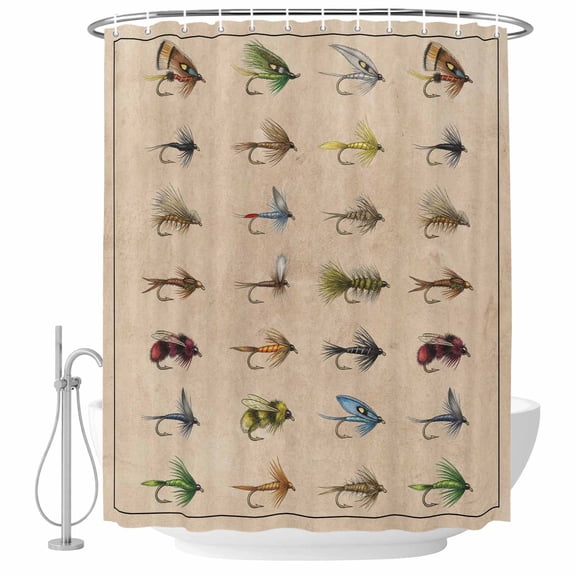 Ocean Fishhooks Shower Curtain Set - 72" x 78" Washable Bathtub Curtain with 12 Hooks, Vintage Coastal Fishing Pattern Brown Waterproof Fabric Stall Shower Curtains for Bathroom/Bathtub Décor