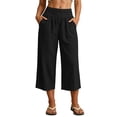 thumbnail image 4 of Wide Leg Pants for Women Casual Cotton Linen Capris Pants Elastic High Waisted Baggy Pant Summer Beach Trousers with Pockets, 4 of 9
