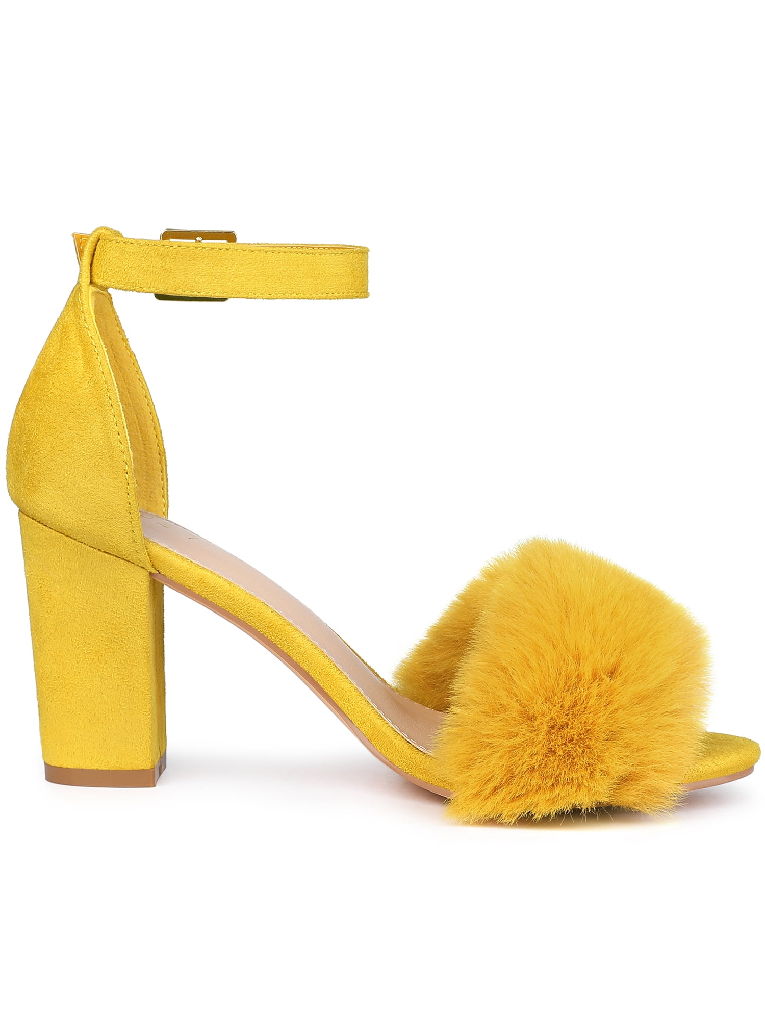 DARING DIVA Women's Ankle Strap Faux Fur Block Heels Beige Sandals for Wear Yellow 7