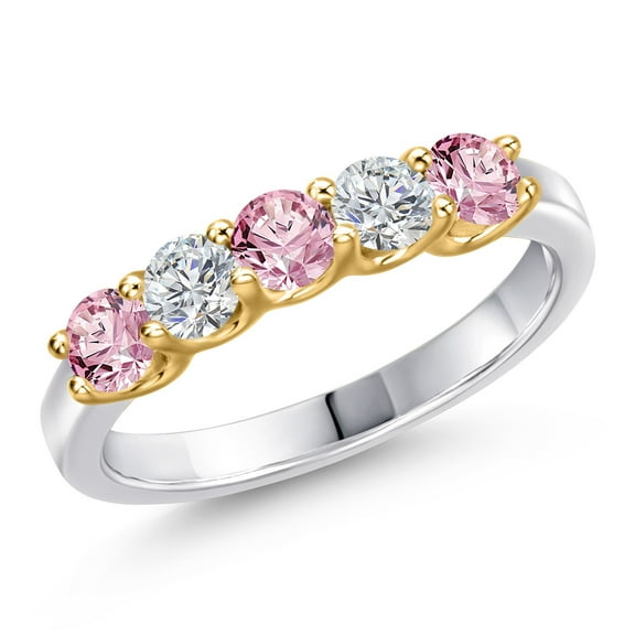 Gem Stone King 925 Silver and 10K Yellow Gold Pink and White Lab Grown Diamond Wedding-Bands Ring for Women | 0.88 Cttw | Round 3.5MM | Gemstone April Birthstone | Size 7