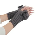 thumbnail image 1 of 1 Pair Fingerless Bowknot Decor Women Gloves Autumn Winter Ribbed Cuff Solid Color Knitted Gloves Arm Warmers, 1 of 10