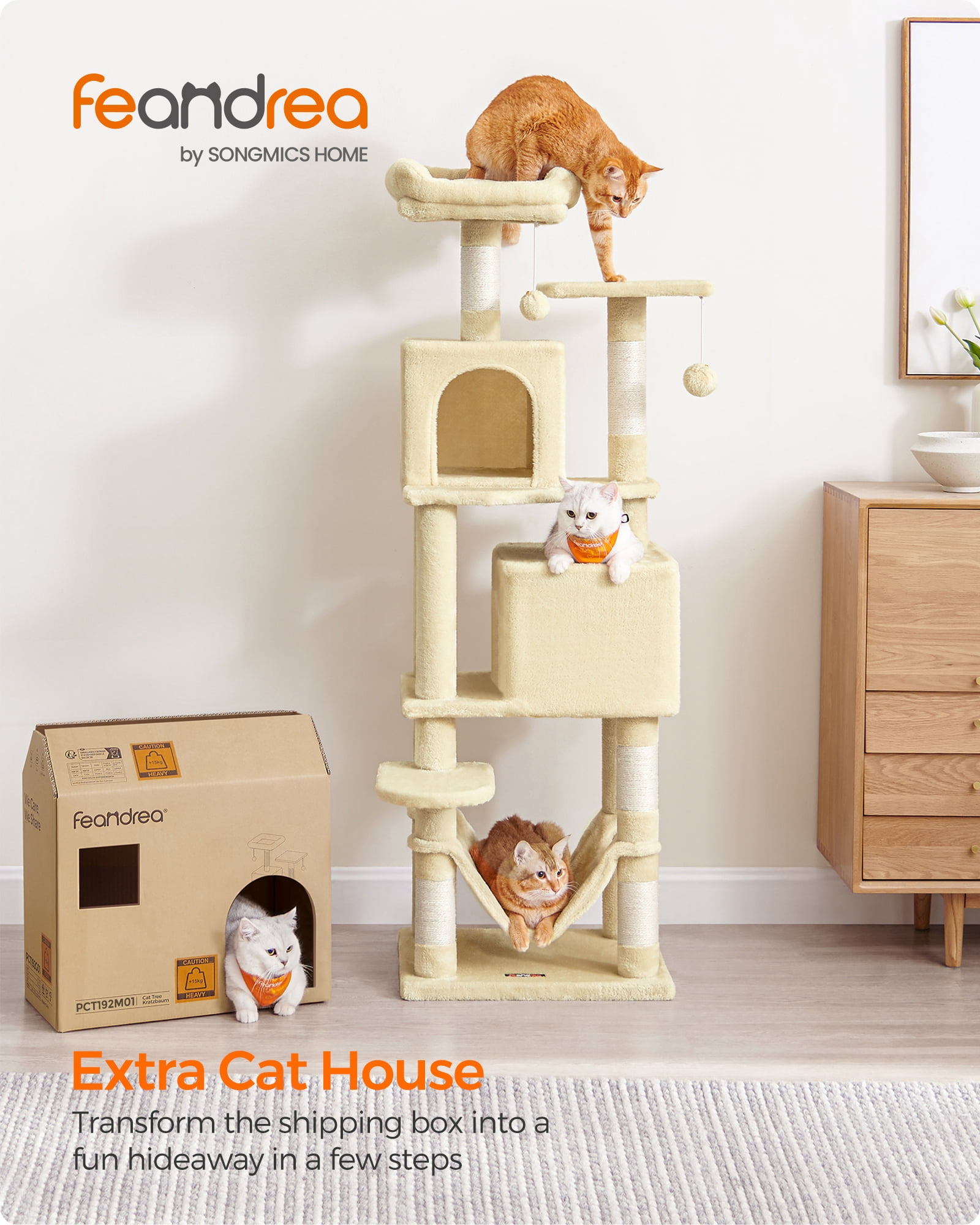 61"H Cat Tree Cat Tower for Indoor Cats, Plush Multi-Level Cat Condo with Scratching Posts, Perches, Caves, Hammock, Beige