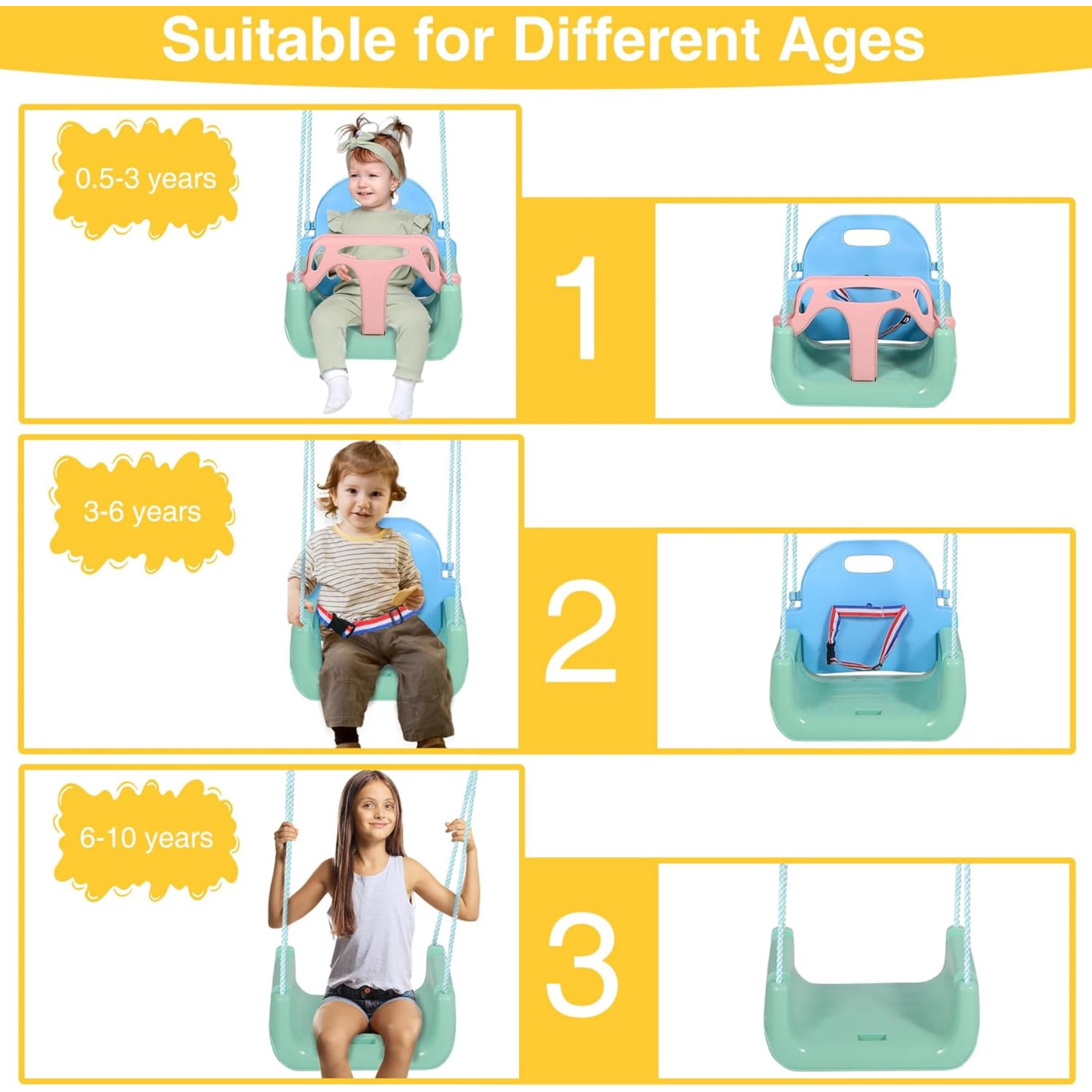REDCAMP 3 in 1 Toddler Swing for Outside Tree, Sturdy Secure Plastic Outdoor Infants Baby Swings Seat for Swingset Playground Inside, Blue Green Pink