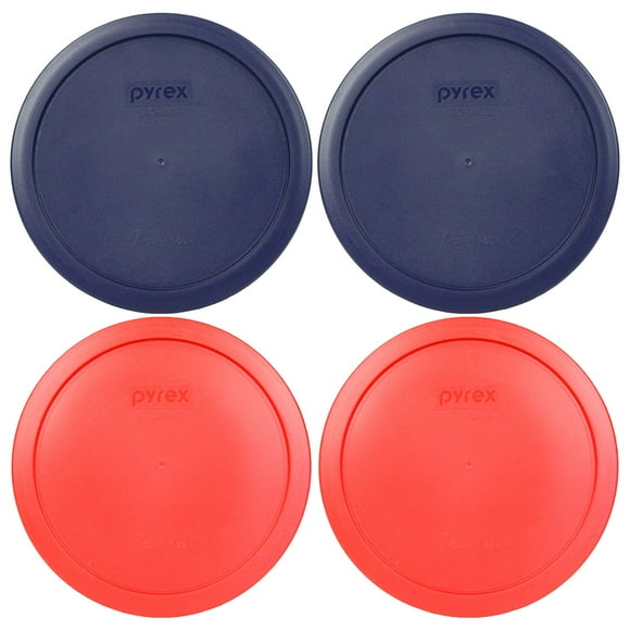Pyrex 7402-PC 6/7 Cup (2) Blue & (2) Red Round Plastic Storage Lids Made in USA