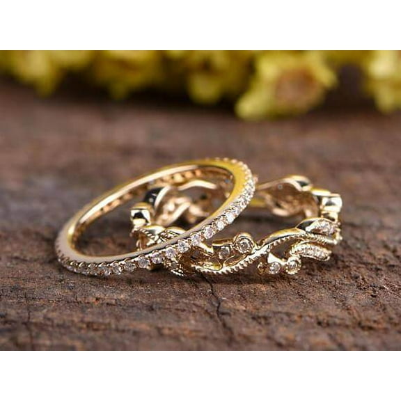 Antique Floral Moissanite Diamond Wedding Band Set 2 Bridal Rings Moissanite Diamond Ring Setfloral Bridal Set Promise Ring Anniversary Rings