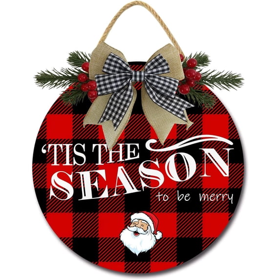 Eveokoki 12" Tis The Season to Be Merry Sign Christmas Welcome Sign for Front Door Round Wooden Hanging Wreaths for Porch Home Wall Decor Farmhouse Christmas Holiday Decoration Outdoor Indoor