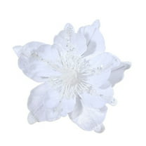 Glitter and Sequin Decorated Fabric Magnolia Artificial Flowers Christmas Tree Flower Decorations for Xmas Tree New Year Party Holiday Wedding Ornaments - White