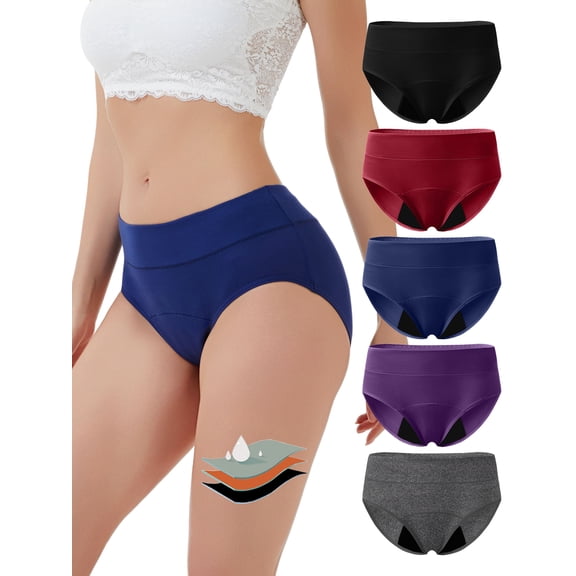 Wausea Period Underwear for Women Teens Leak-Proof Menstrual Protective Panties 5-Pack,Sizes XS-5XL