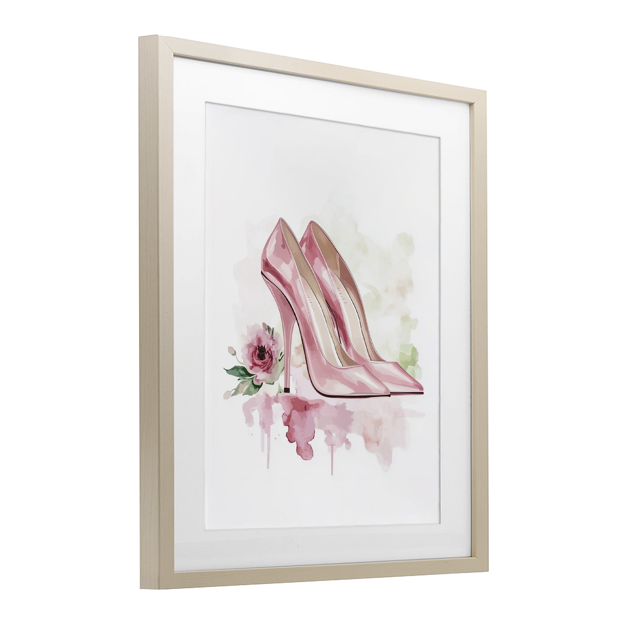 Rosy Pastel Heels Birch Framed Print Under Glass, design by Christine Simpson Art